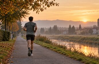Corridore su un percorso pianeggiante all’alba, illustrazione della corsa di Tommi
