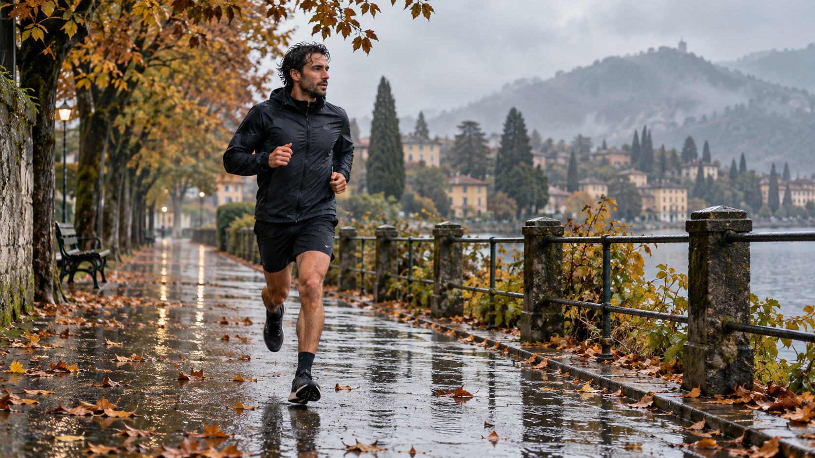 Illustrazione di un runner su un percorso bagnato in autunno