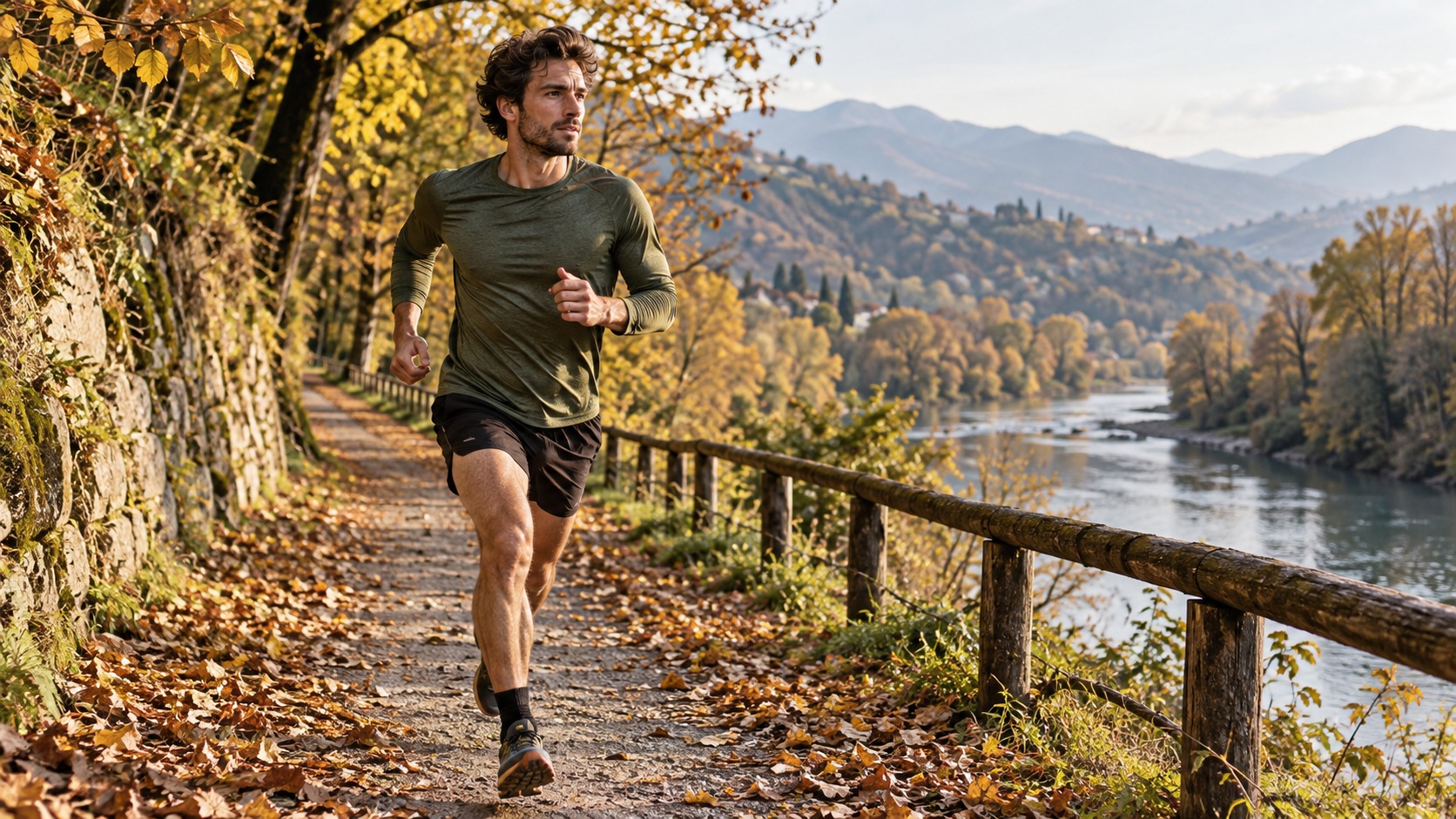 Illustrazione di un runner su un percorso fluviale autunnale