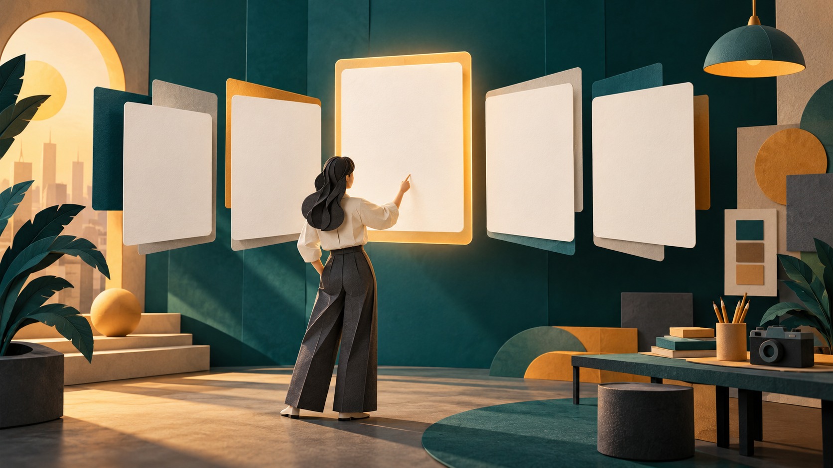 Selezione umana di creatività pubblicitarie in uno studio illustrato