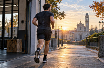 Atleta che passa dalla palestra alla corsa all’alba durante una doppia seduta