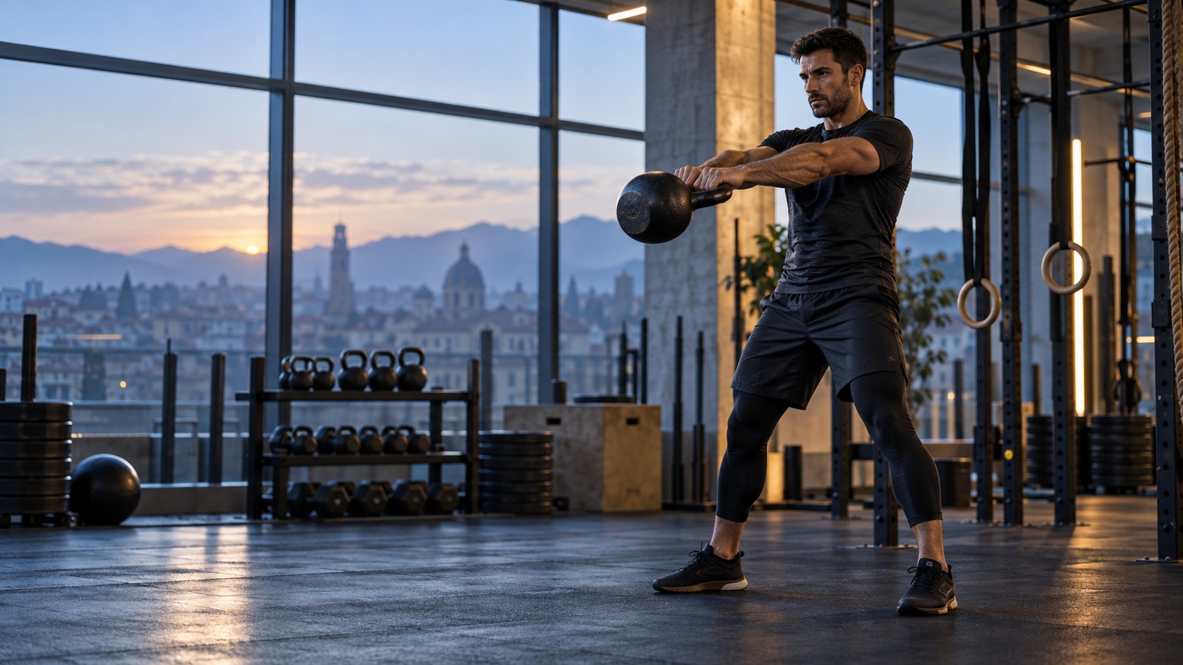 Illustrazione di un atleta durante una seduta funzionale all’alba