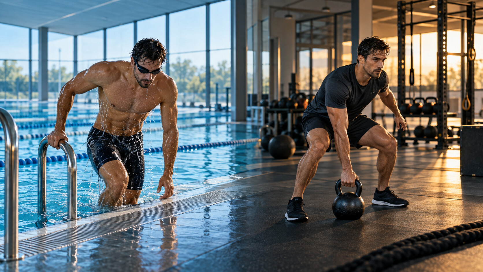 Atleta impegnato in una doppia seduta tra nuoto in piscina e allenamento HIIT