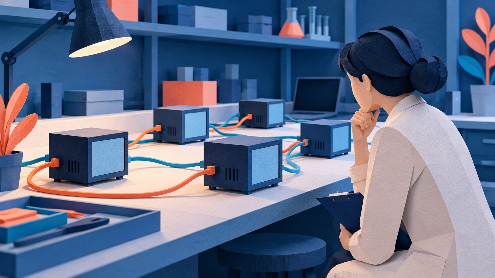 Esperimento illustrato con piccoli TV box in un laboratorio