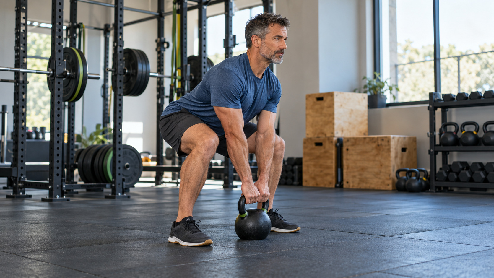Tommi esegue un esercizio di forza con kettlebell e tecnica controllata