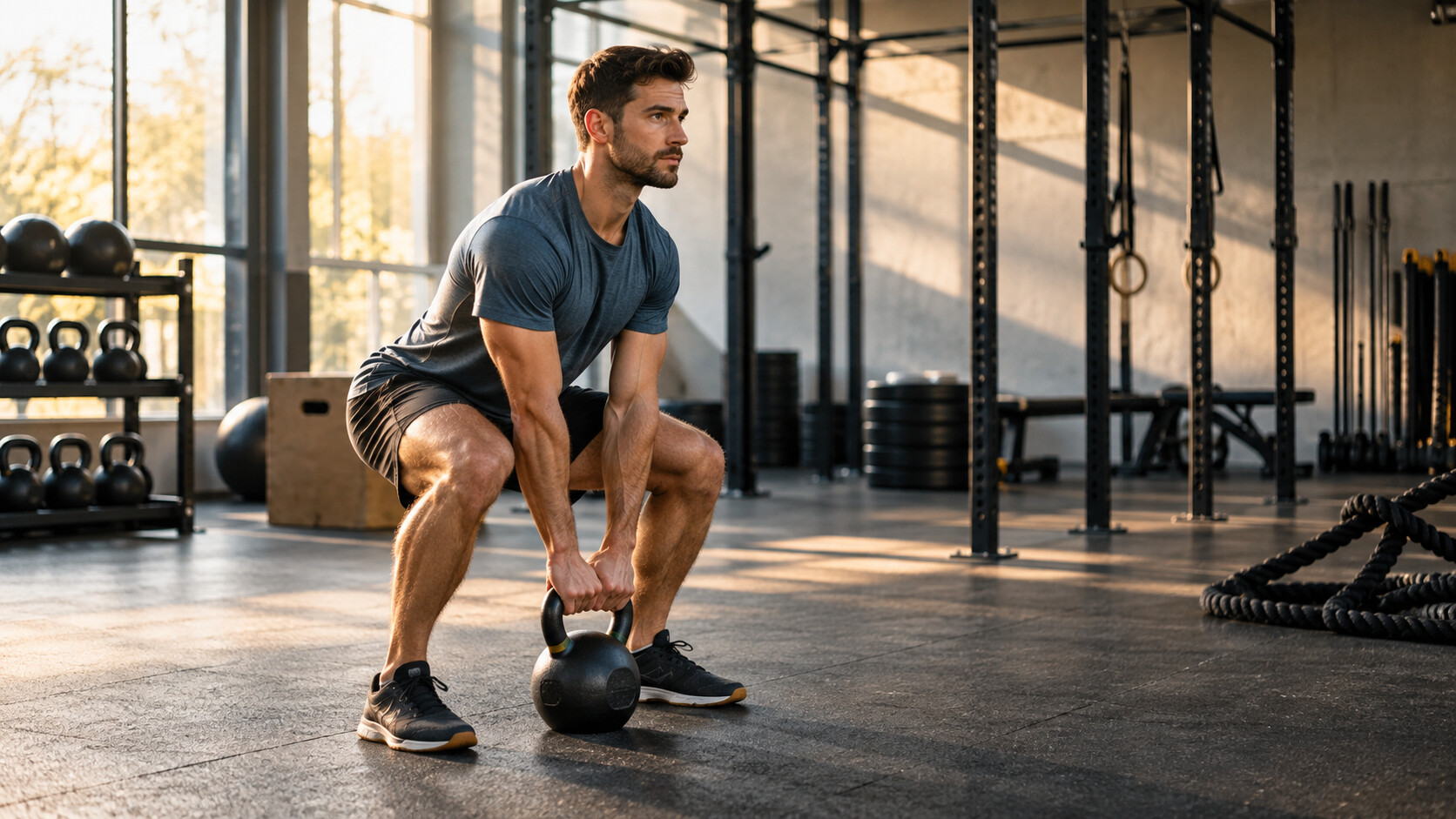Atleta durante un esercizio HIIT con kettlebell in palestra