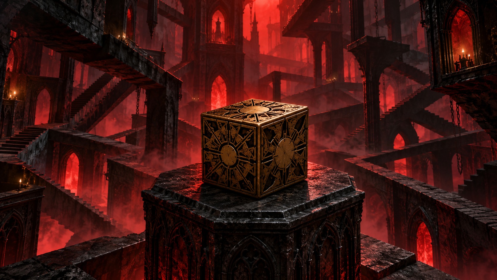 Cubo enigmatico in un labirinto gotico, illustrazione evocativa non tratta dal gioco