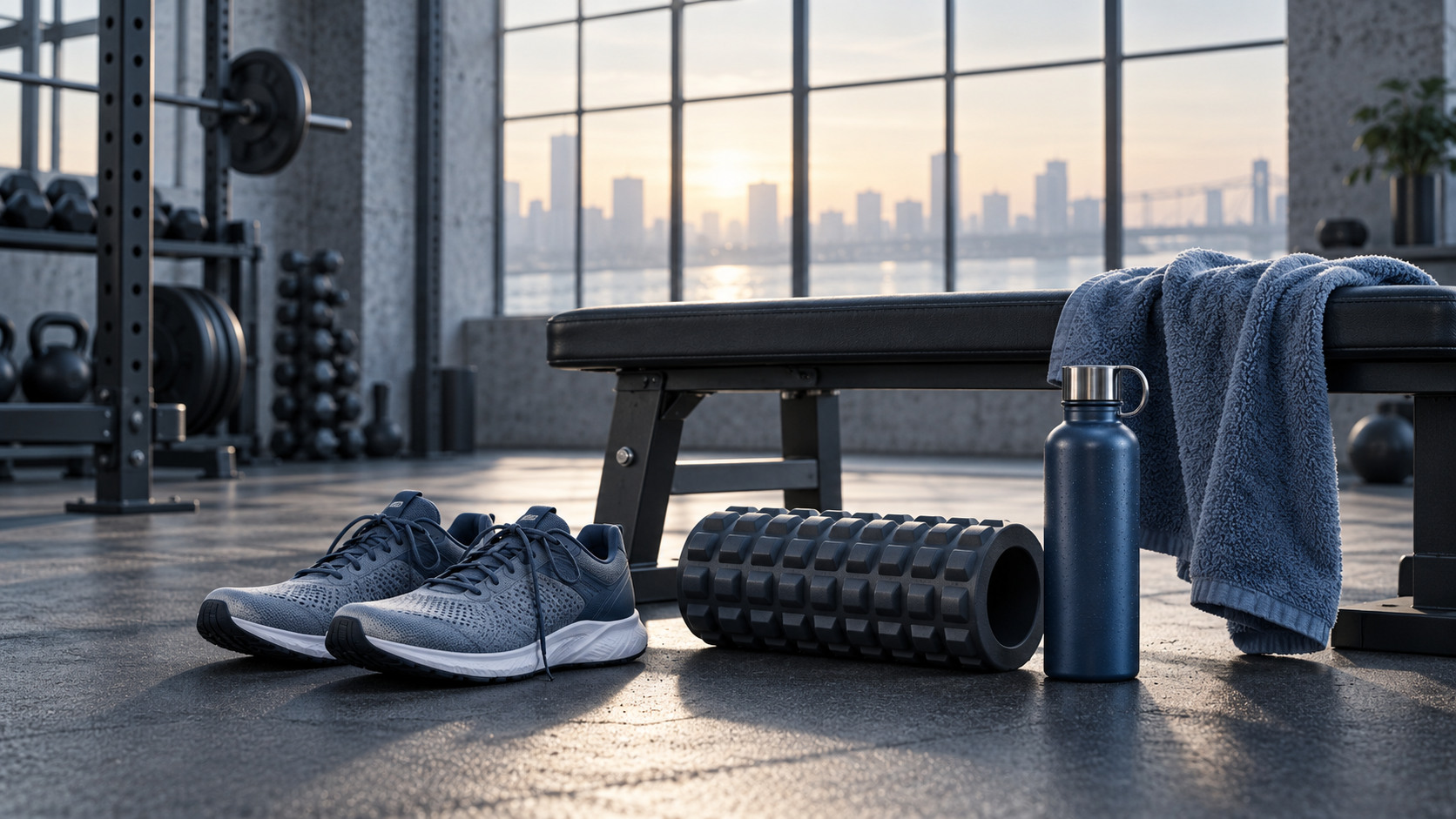 Illustrazione editoriale con scarpe, foam roller e borraccia per il recupero sportivo