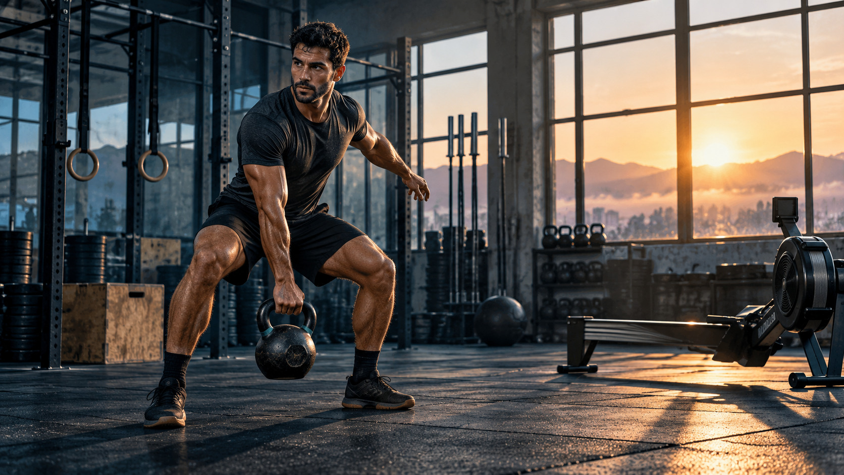 Illustrazione editoriale di un atleta durante un allenamento funzionale con kettlebell
