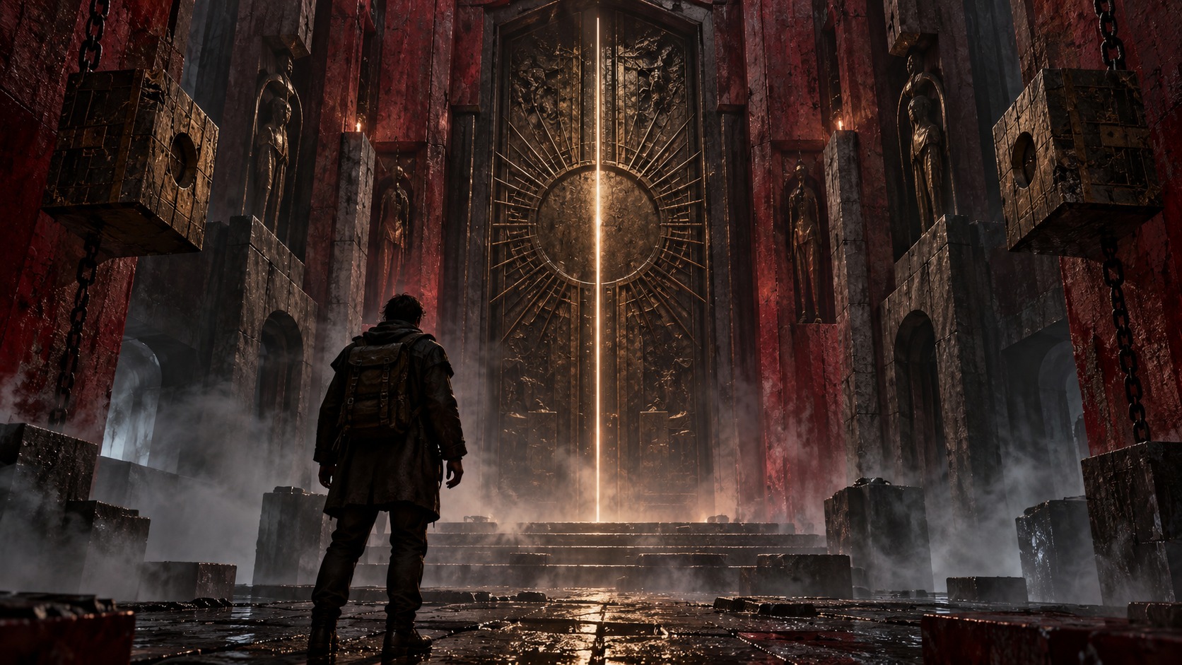 Porta monumentale in un corridoio horror illustrato