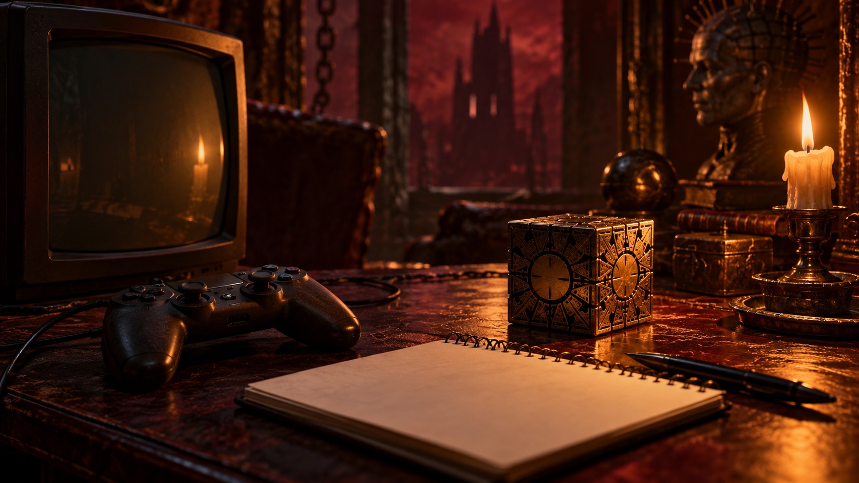 Postazione da gioco con taccuino e oggetto enigmatico