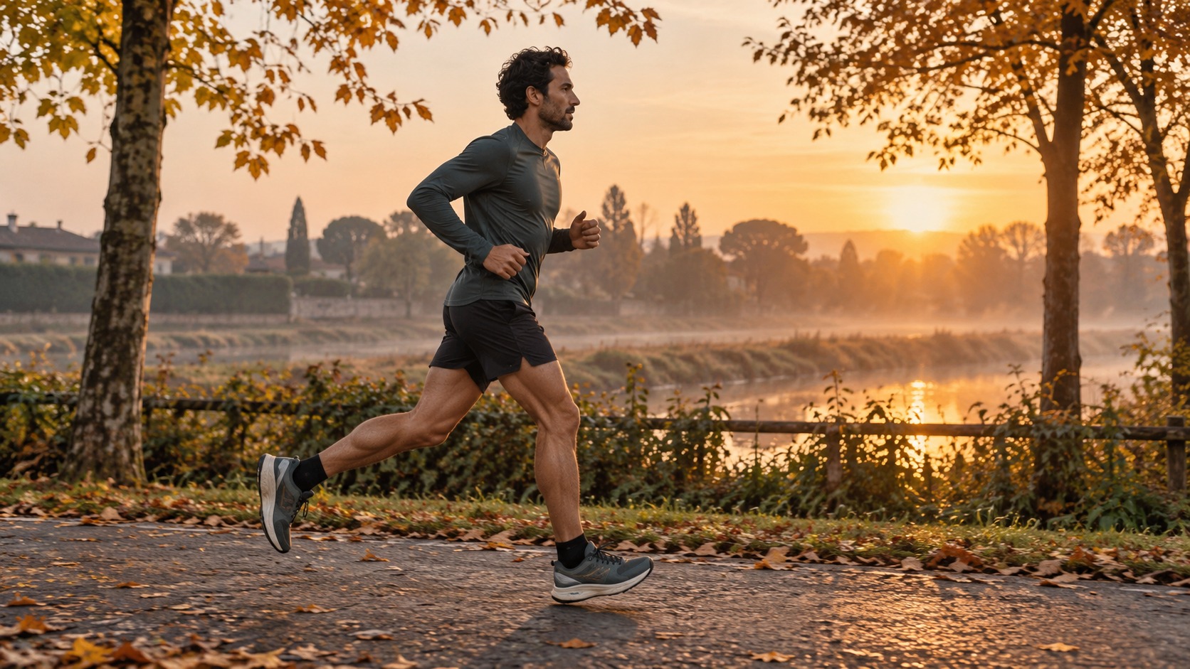 Corsa regolare su un sentiero urbano alberato in autunno